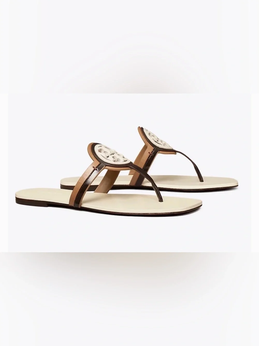 Tory Burch Brown and Cream Logo Thong Sandals